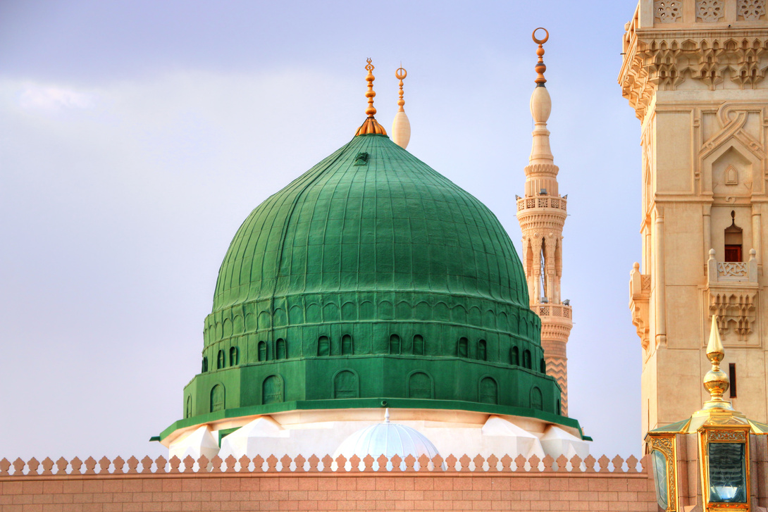 Medina / Saudi Arabia - 11 May 2017:  Green Dome Close up -  Prophet Mohammed Mosque , Al Masjid an Nabawi