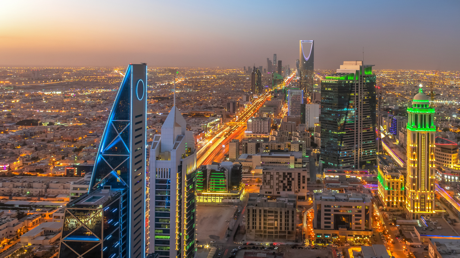 Kingdom of Saudi Arabia Landscape at night - Riyadh Tower Kingdom Center - Kingdom Tower - Riyadh skyline - Riyadh at night